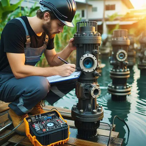 MEP technician performing testing and commissioning for submersible sump pump