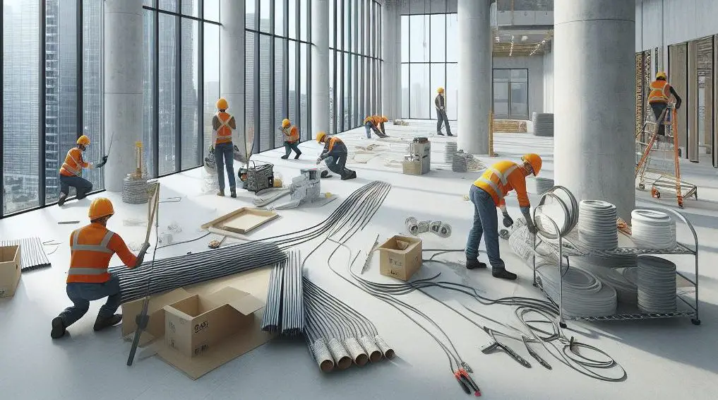 construction workers performing fit-out work inside the building