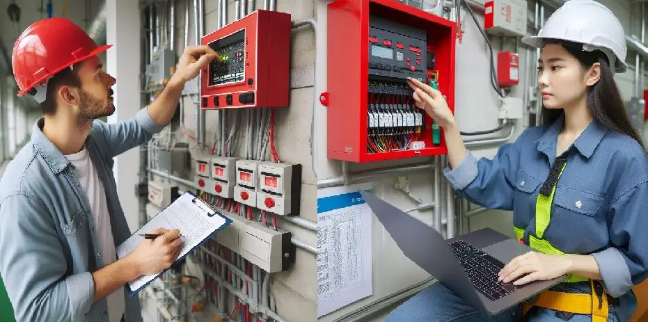 technicians conducting testing and commissioning of fire alarm system