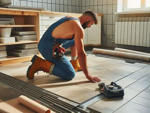 worker installing vinyl on the wooden flooring