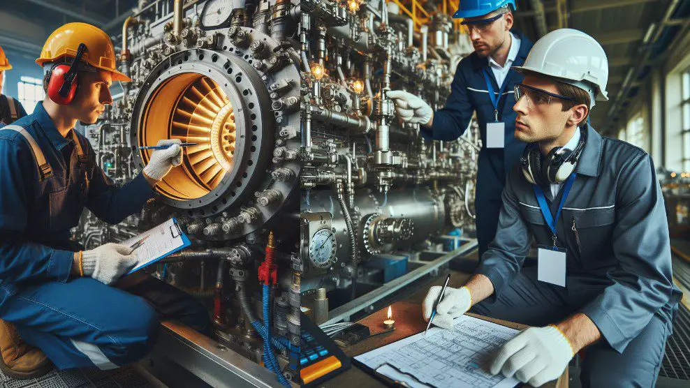 technicians conducting testing and commissioning of gas turbine